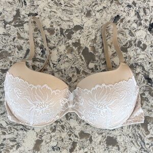 Adore Me Beige and White Lace Bra